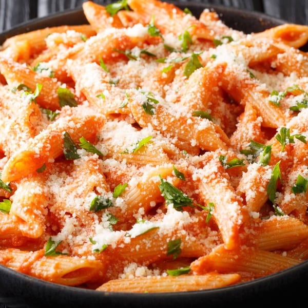 Penne pasta in a red sauce, topped with grated cheese and fresh parsley in a dark bowl.