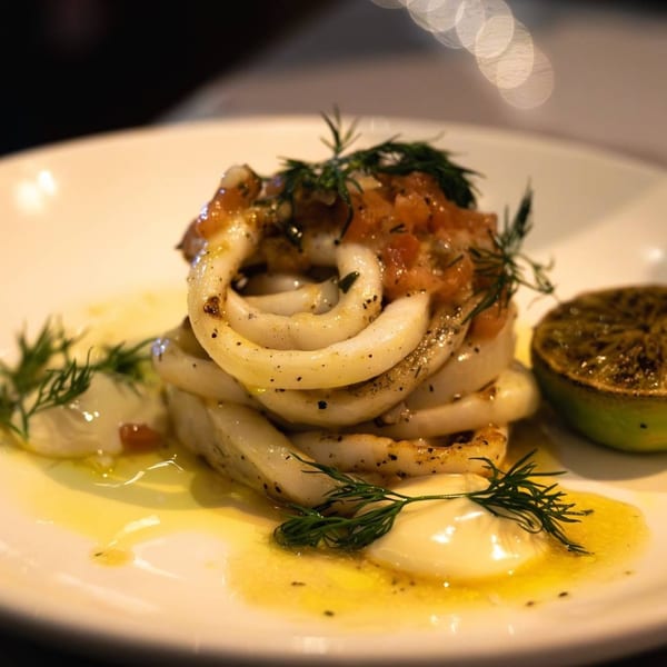 Grilled calamari rings with tomato salsa, dill, a creamy sauce, and a charred lime on a white plate.