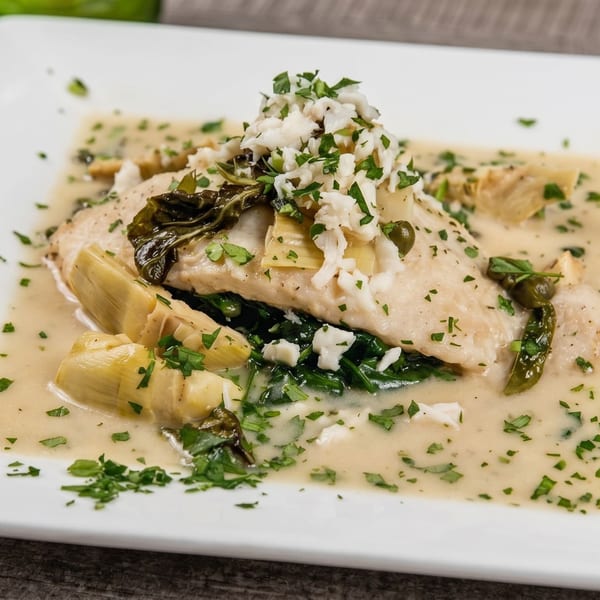White fish fillet topped with crab meat, artichokes, spinach, and capers in a cream sauce.